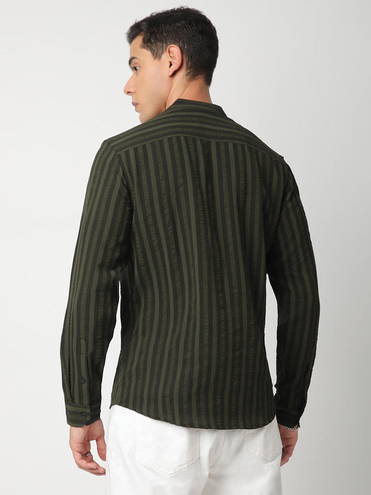 Olive & Black Striped Crinkled Mandarin Collar Shirt