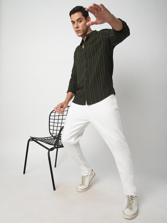 Olive & Black Striped Crinkled Mandarin Collar Shirt