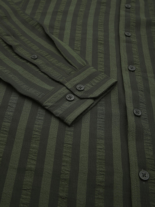 Olive & Black Striped Crinkled Mandarin Collar Shirt
