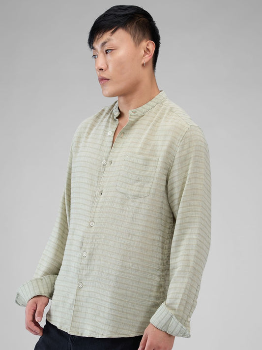 Tea Green Horizontal Striped Mandarin Shirt