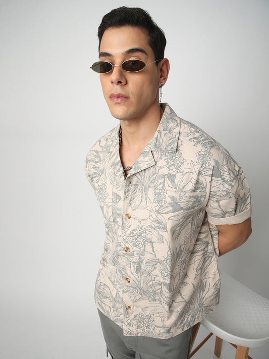 Artistic Tropical Sand Printed Oversized Cropped Shirt