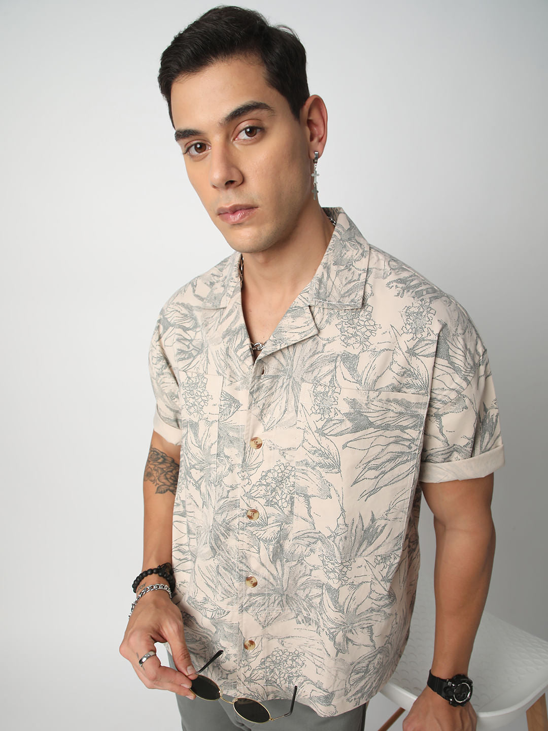 Artistic Tropical Sand Printed Oversized Cropped Shirt