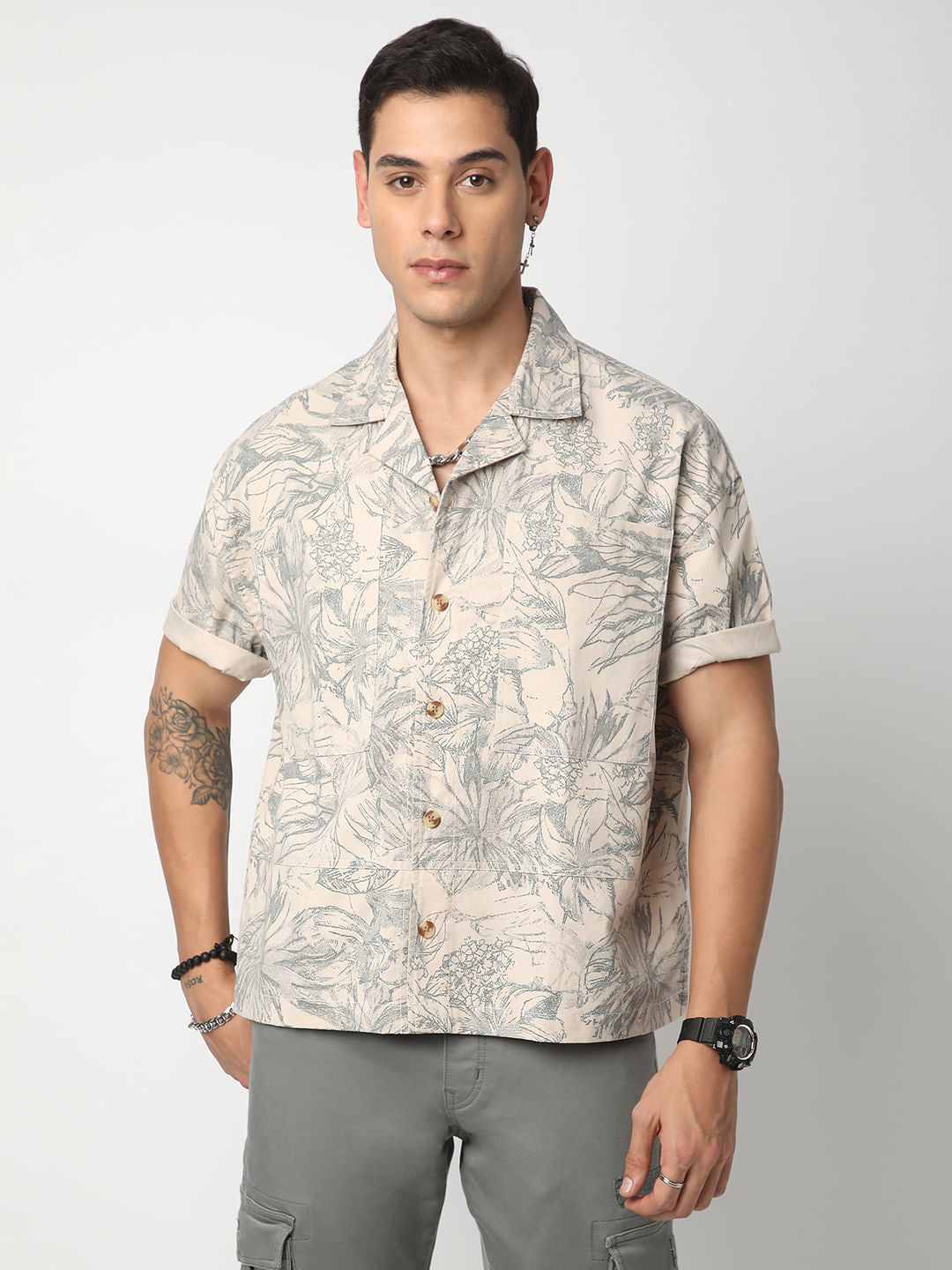 Artistic Tropical Sand Printed Oversized Cropped Shirt