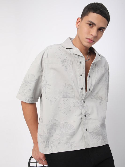 Grey Leaf Printed Double Pocket Oversized Shirt