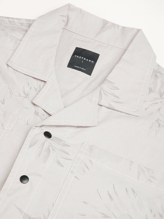Grey Leaf Printed Double Pocket Oversized Shirt