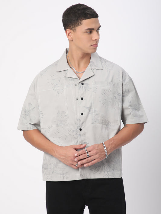 Grey Leaf Printed Double Pocket Oversized Shirt