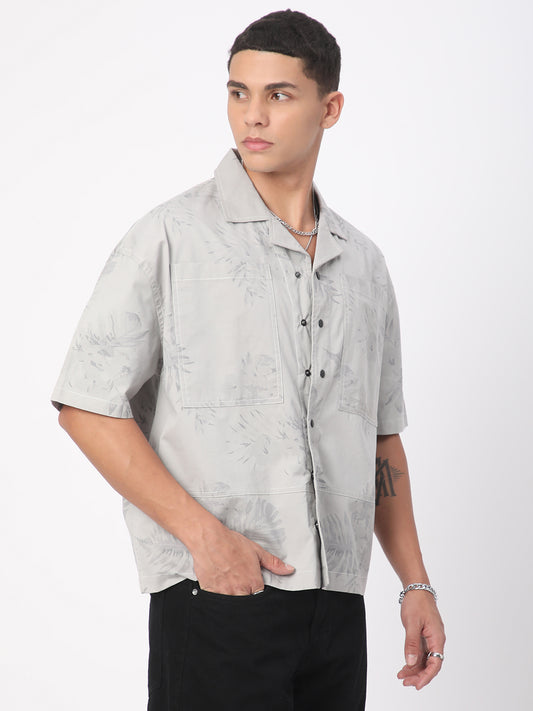 Grey Leaf Printed Double Pocket Oversized Shirt
