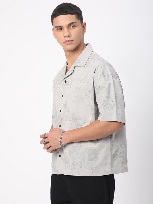 Grey Leaf Printed Double Pocket Oversized Shirt