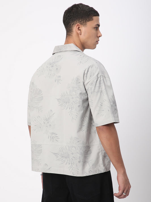 Grey Leaf Printed Double Pocket Oversized Shirt