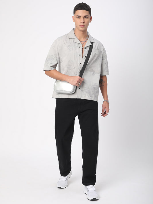 Grey Leaf Printed Double Pocket Oversized Shirt