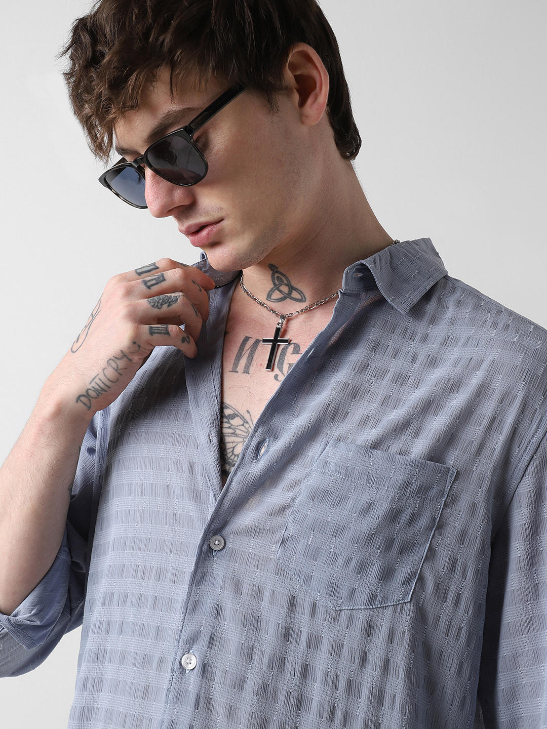 Elegant Powder Blue Dobby Striped Shirt