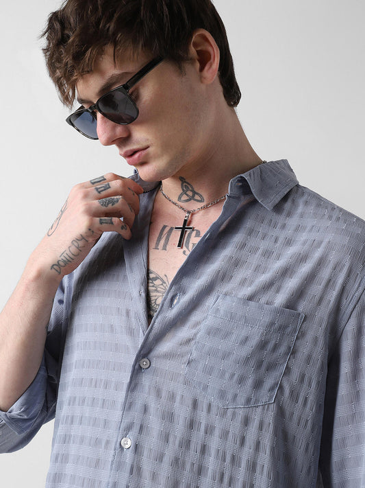Elegant Powder Blue Dobby Striped Shirt