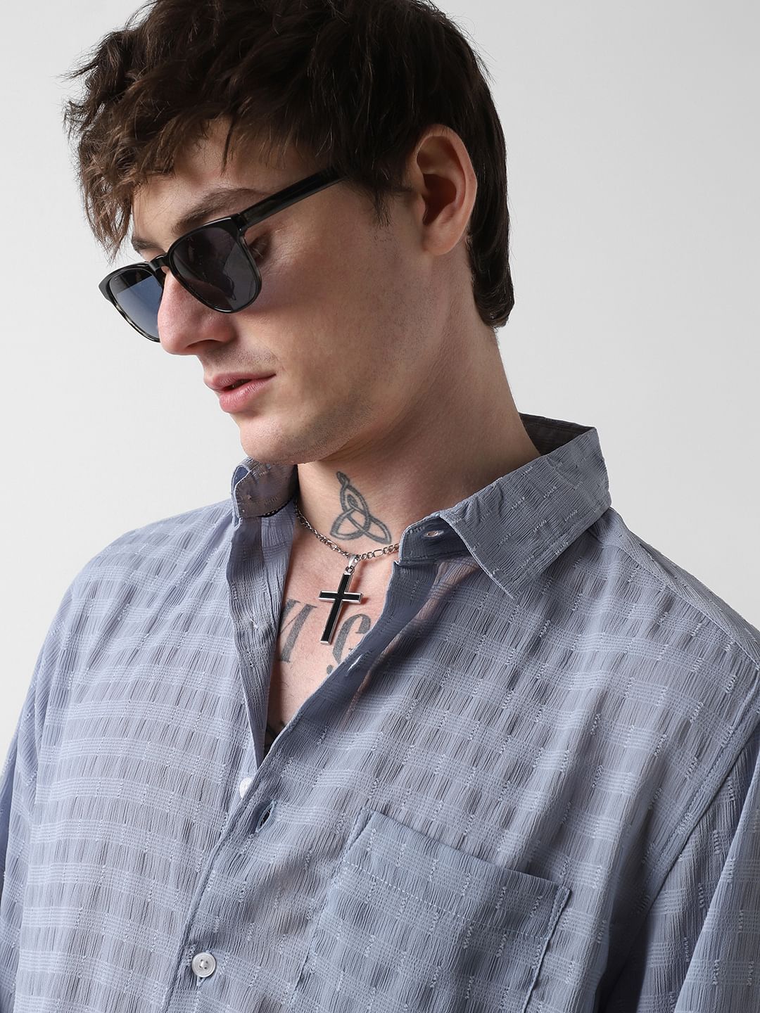 Elegant Powder Blue Dobby Striped Shirt