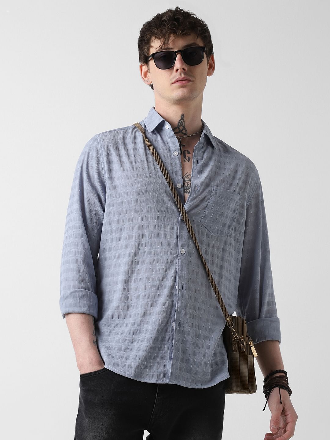 Elegant Powder Blue Dobby Striped Shirt