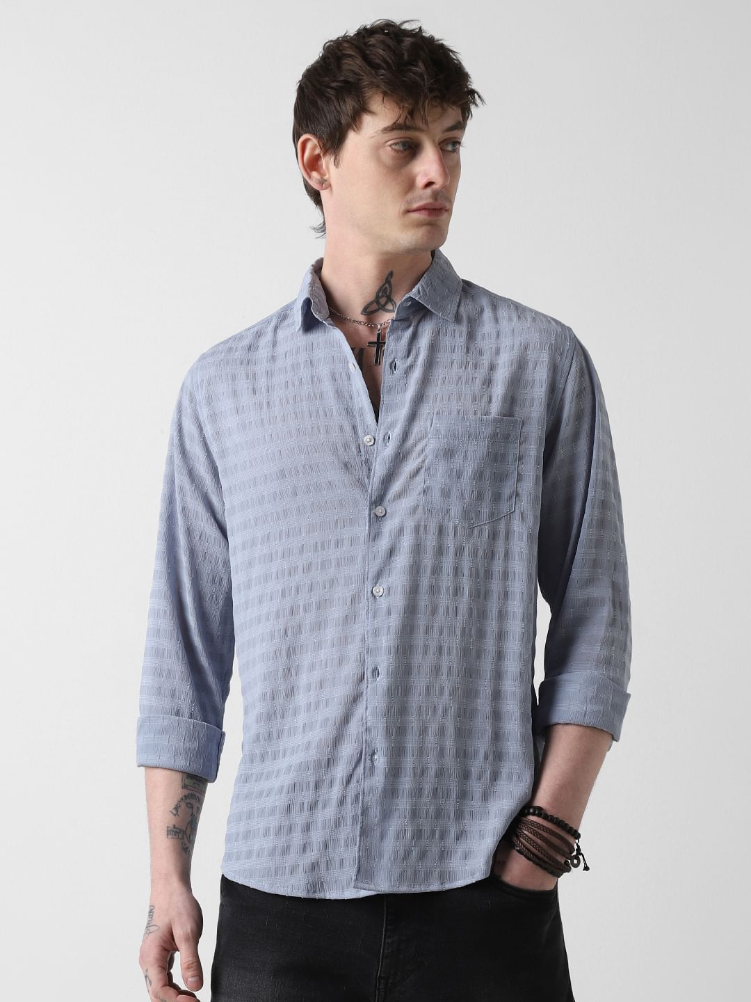 Elegant Powder Blue Dobby Striped Shirt