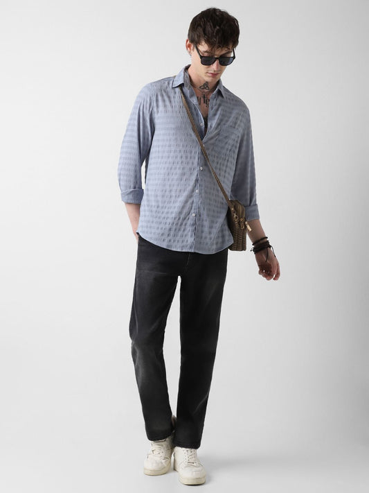 Elegant Powder Blue Dobby Striped Shirt