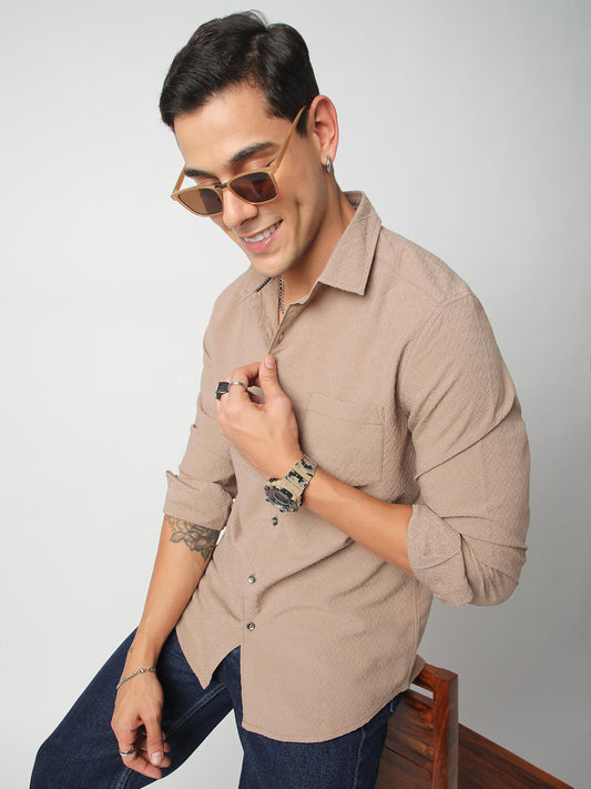 Taupe Beige Lozenge Jacquard Textured Shirt