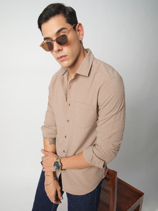 Taupe Beige Lozenge Jacquard Textured Shirt
