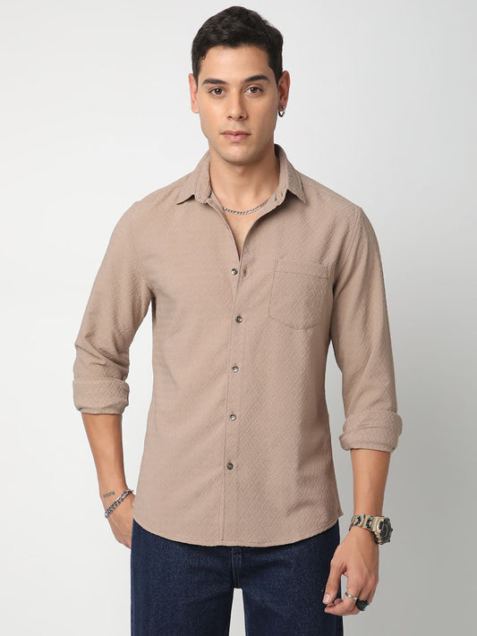 Taupe Beige Lozenge Jacquard Textured Shirt