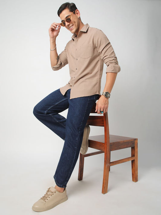 Taupe Beige Lozenge Jacquard Textured Shirt