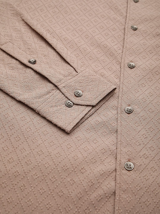 Taupe Beige Lozenge Jacquard Textured Shirt