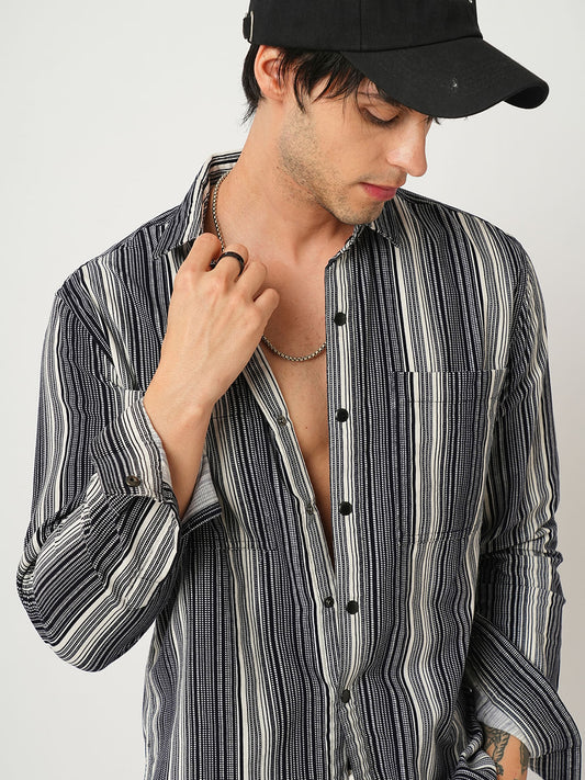 Streaky Achromatic Double Pocket Corduroy Shirt