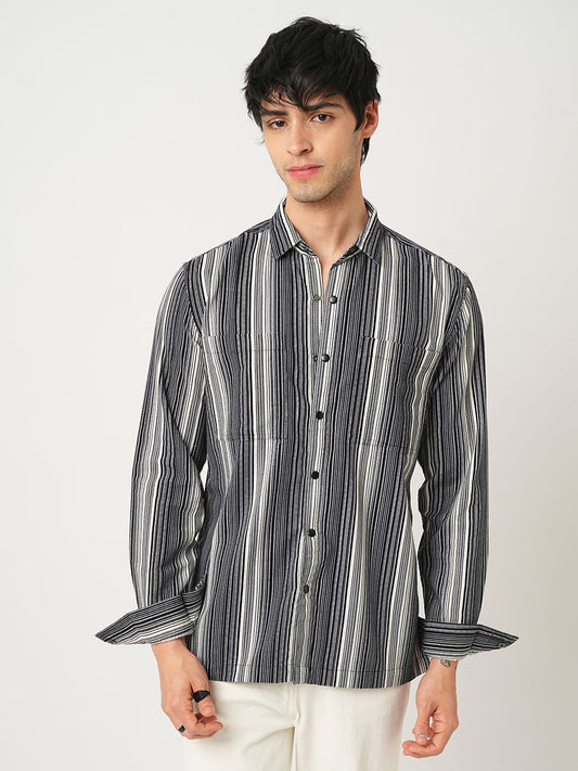 Streaky Achromatic Double Pocket Corduroy Shirt