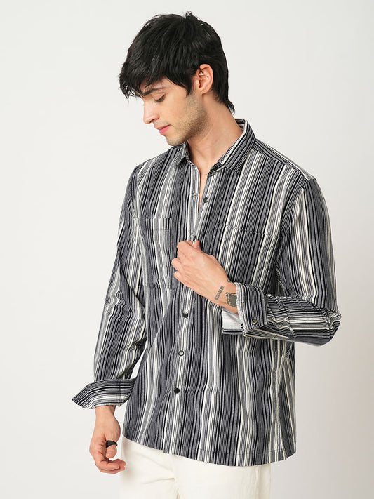 Streaky Achromatic Double Pocket Corduroy Shirt