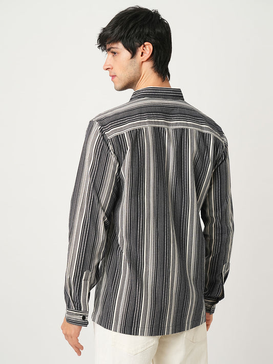 Streaky Achromatic Double Pocket Corduroy Shirt