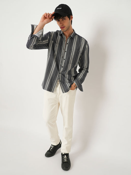 Streaky Achromatic Double Pocket Corduroy Shirt