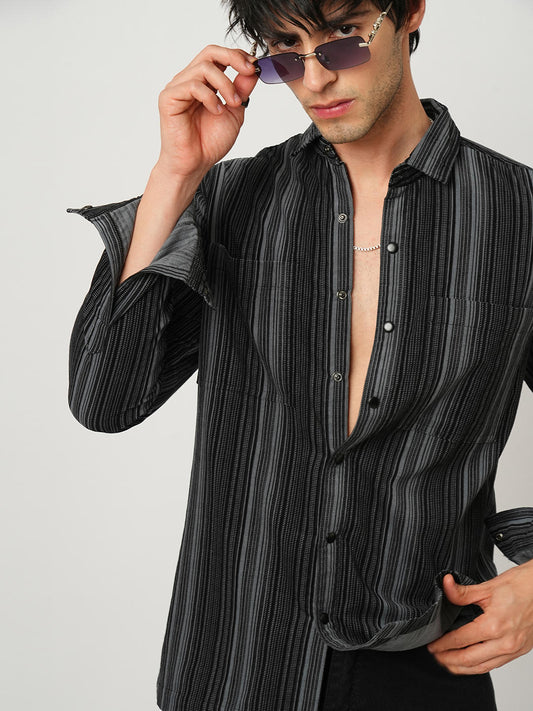 Fog Grey Striped Double Pocket Corduroy Shirt