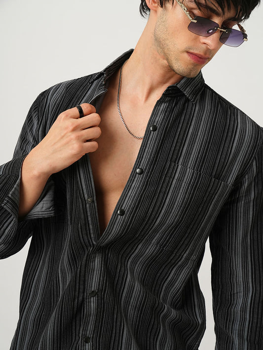 Fog Grey Striped Double Pocket Corduroy Shirt