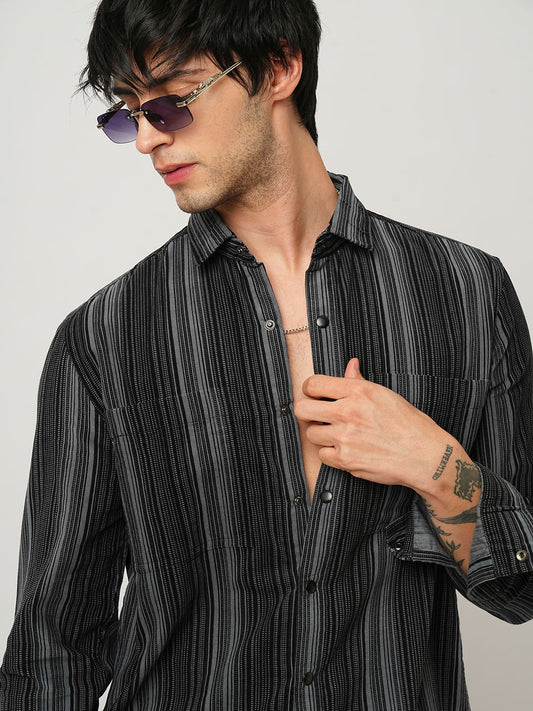 Fog Grey Striped Double Pocket Corduroy Shirt