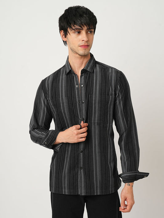 Fog Grey Striped Double Pocket Corduroy Shirt