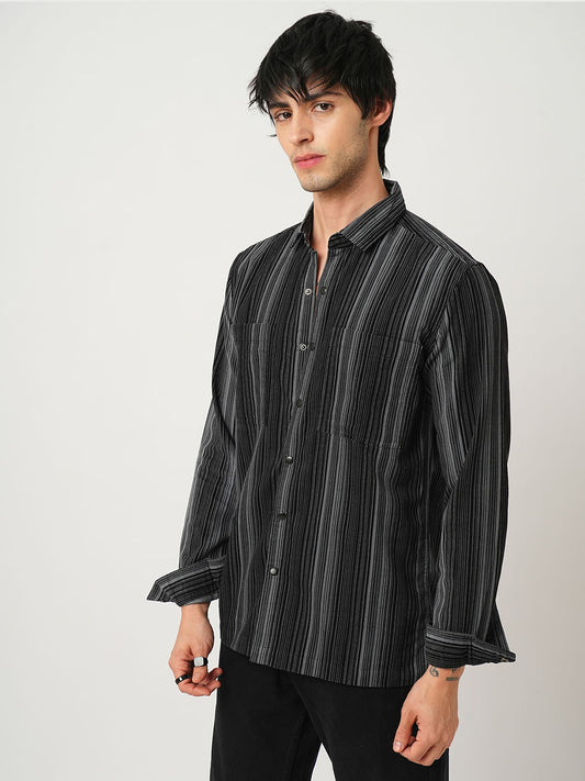 Fog Grey Striped Double Pocket Corduroy Shirt
