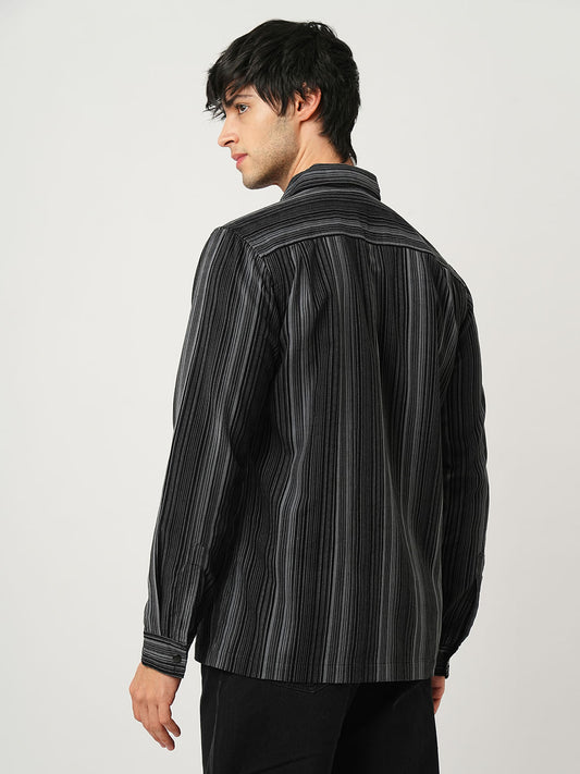 Fog Grey Striped Double Pocket Corduroy Shirt