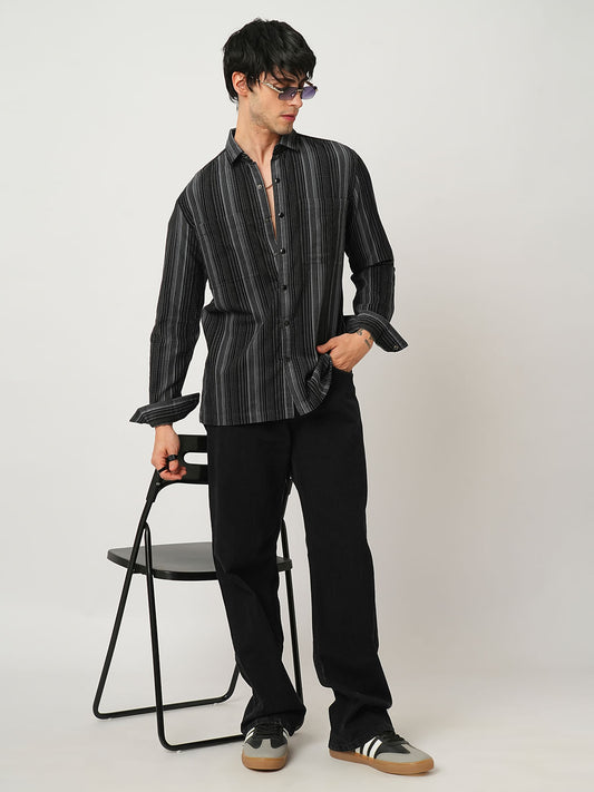 Fog Grey Striped Double Pocket Corduroy Shirt
