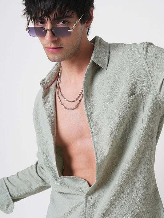 Wavy Textured Sage Green Jacquard Shirt
