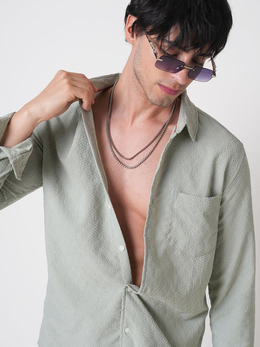 Wavy Textured Sage Green Jacquard Shirt