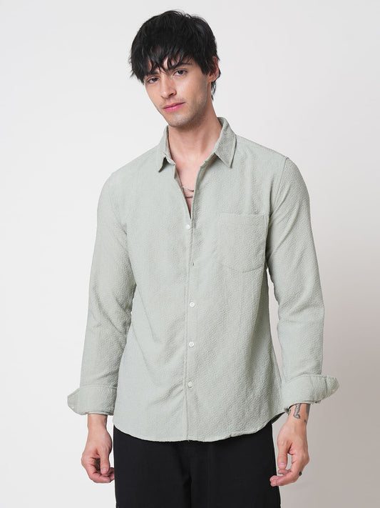 Wavy Textured Sage Green Jacquard Shirt