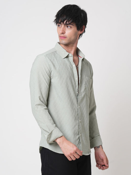 Wavy Textured Sage Green Jacquard Shirt