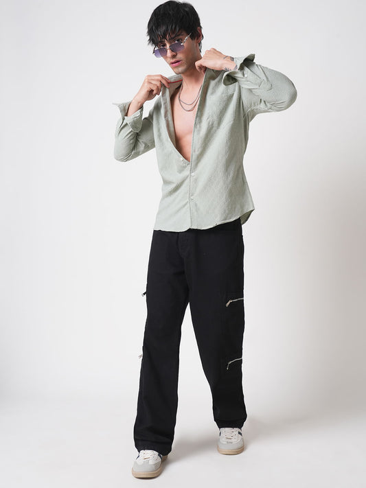 Wavy Textured Sage Green Jacquard Shirt