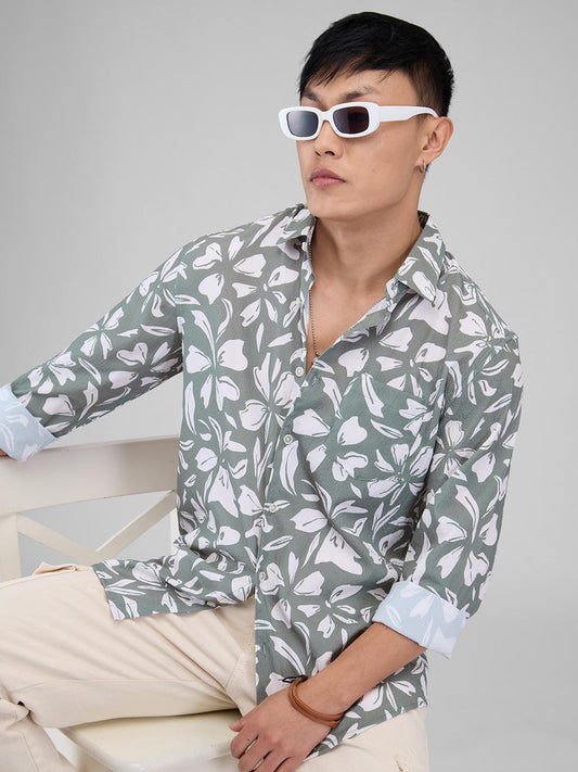 Sage Green Floratique Printed Creased Shirt