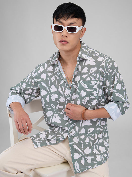 Sage Green Floratique Printed Creased Shirt