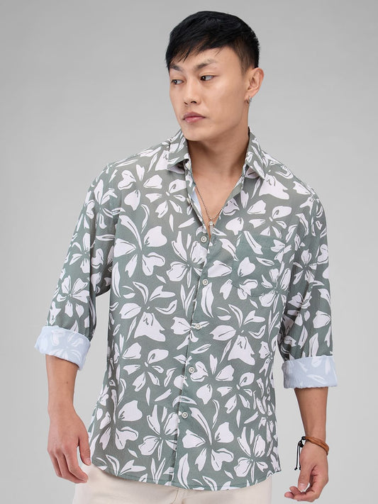 Sage Green Floratique Printed Creased Shirt