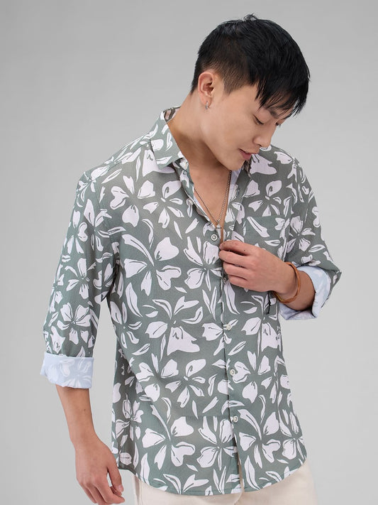 Sage Green Floratique Printed Creased Shirt