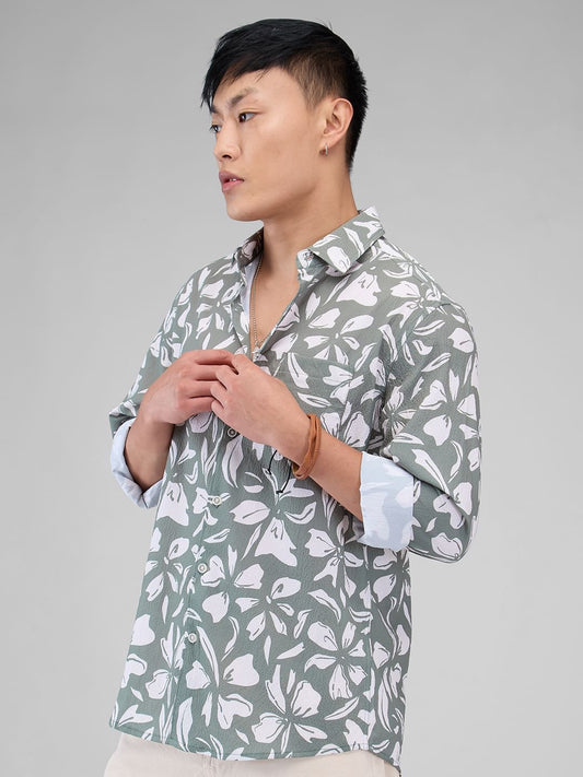 Sage Green Floratique Printed Creased Shirt