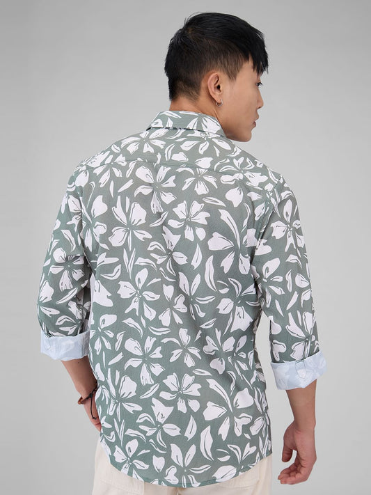Sage Green Floratique Printed Creased Shirt