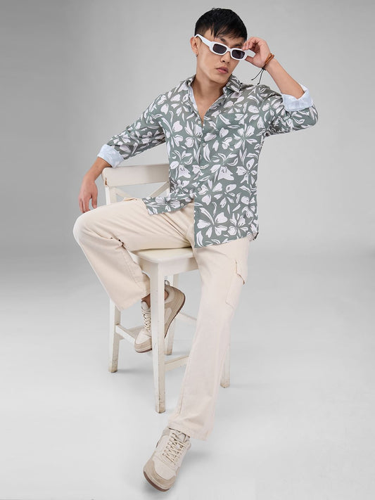 Sage Green Floratique Printed Creased Shirt