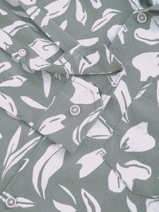 Sage Green Floratique Printed Creased Shirt